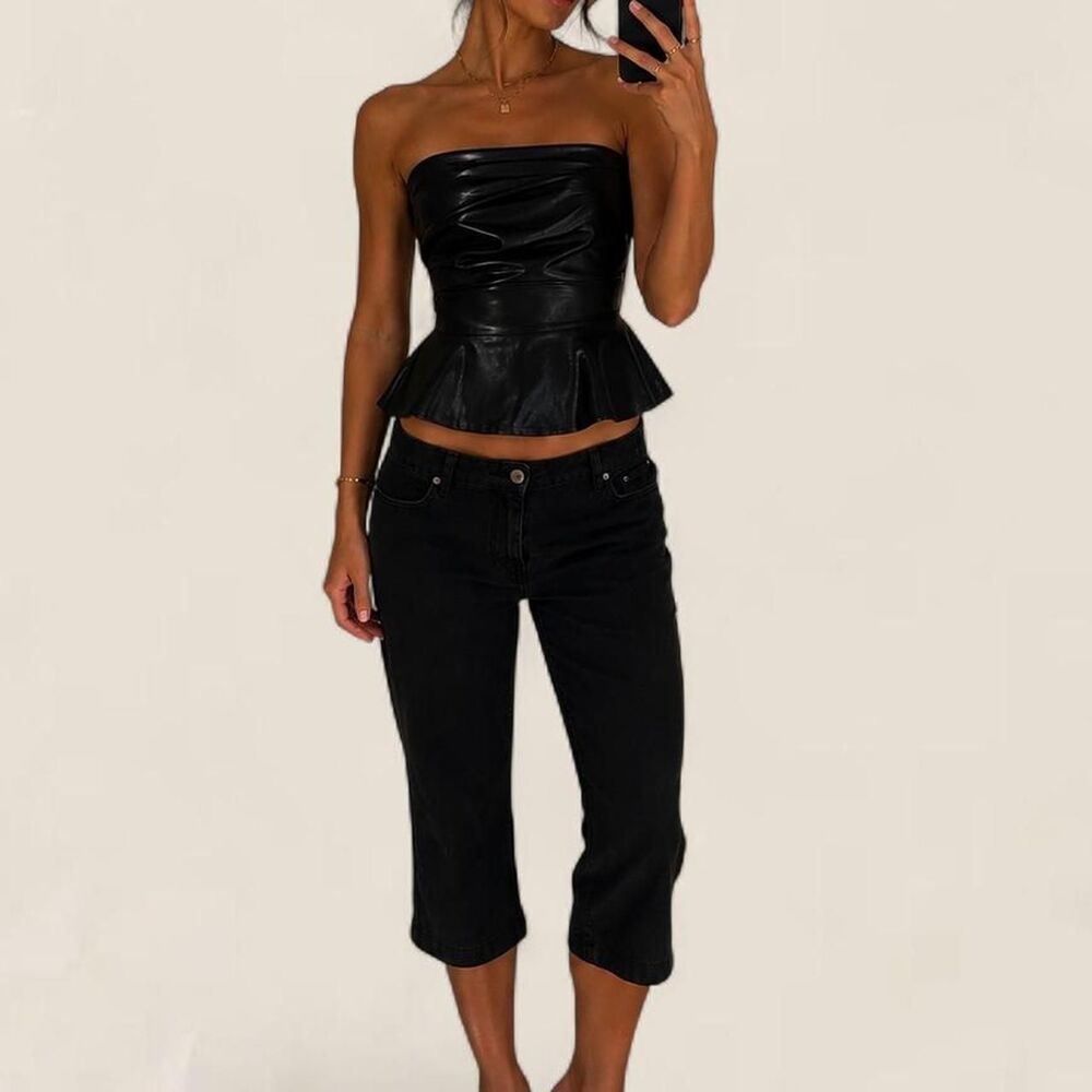 ROTATE x REVOLVE Black Draped Vegan Leather Peplum Tube Top XS